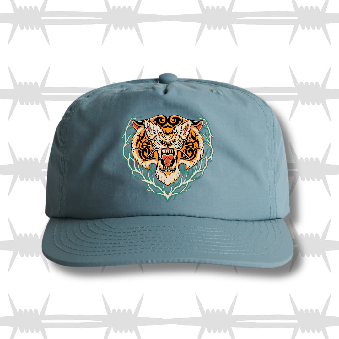 slate blue colour surf cap with trad style tiger design