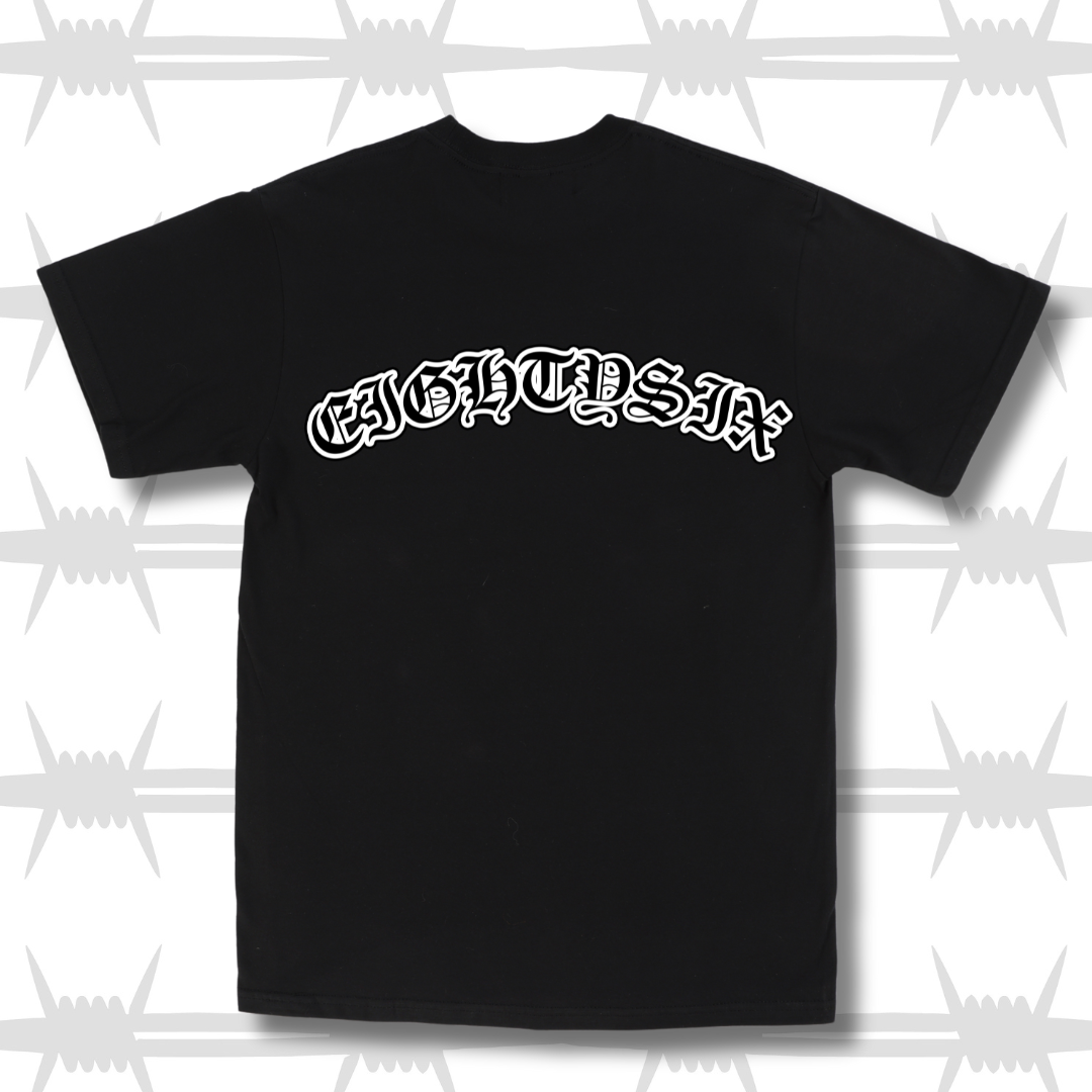 Old English tattoo script t-shirt in black with white writing
