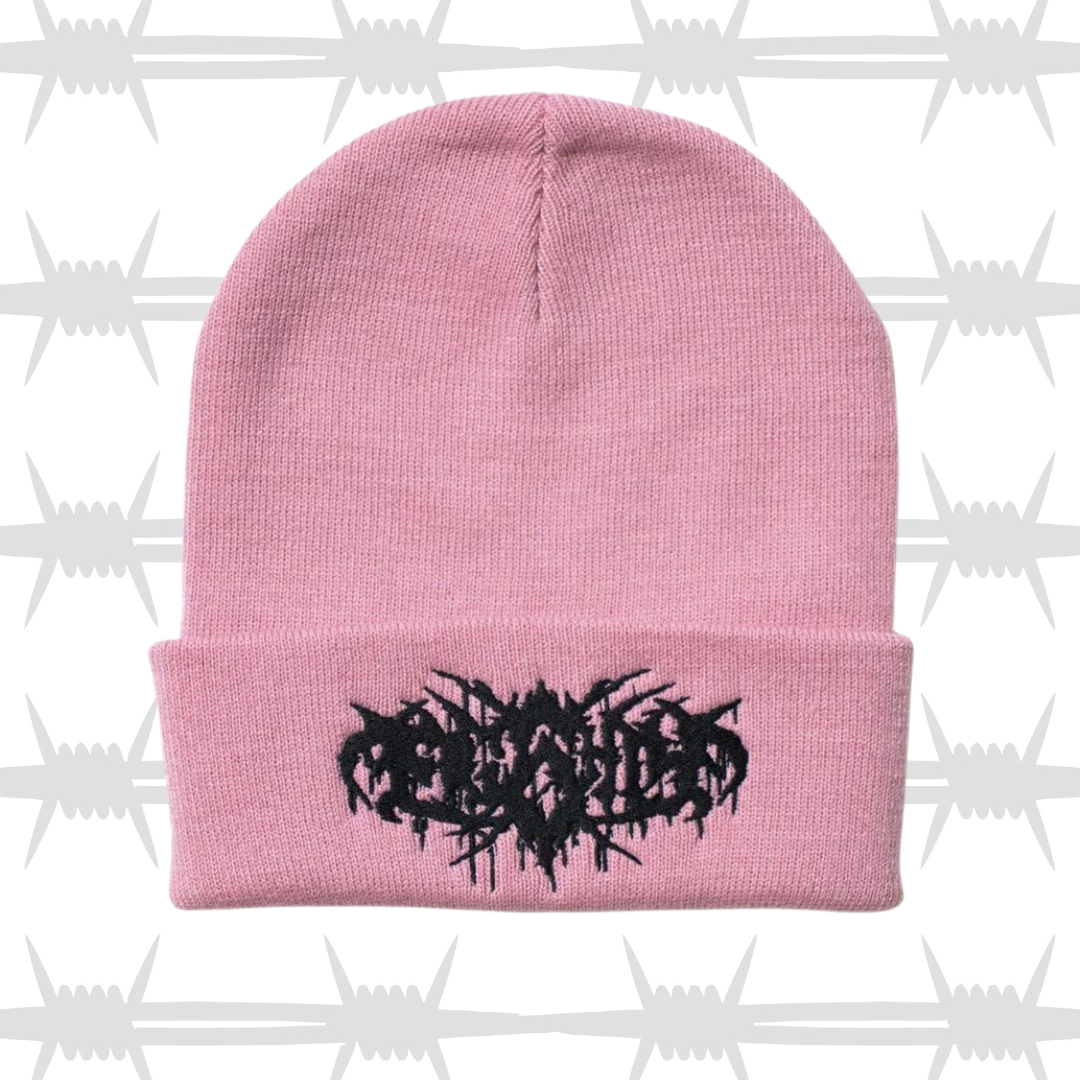 metal script pink beanie