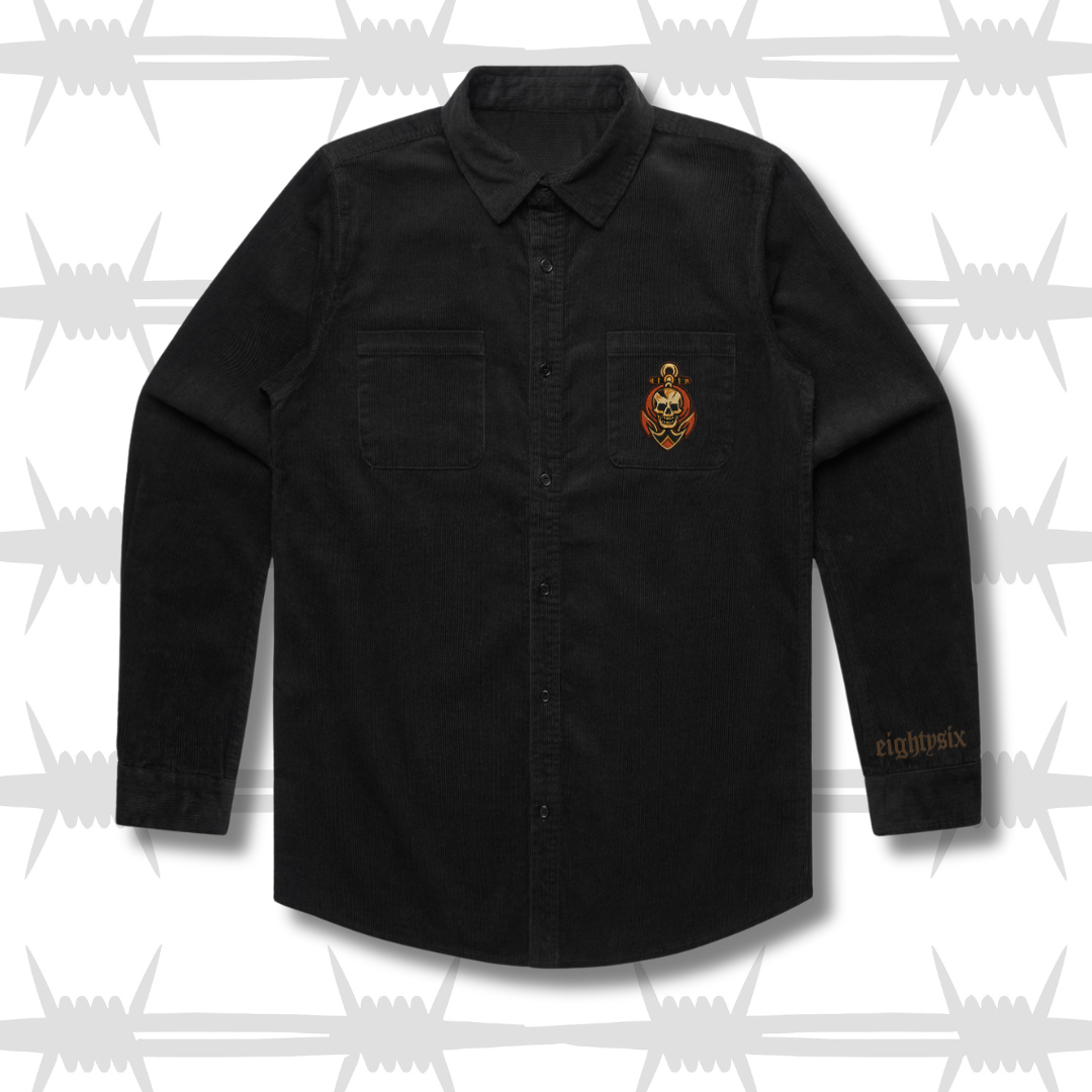 black cord workwear shirt with alternative lifestyle inspired skull and anchor design