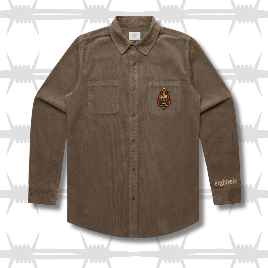 Walnut cord workwear shirt with anchor and skull design in a traditional tattoo style