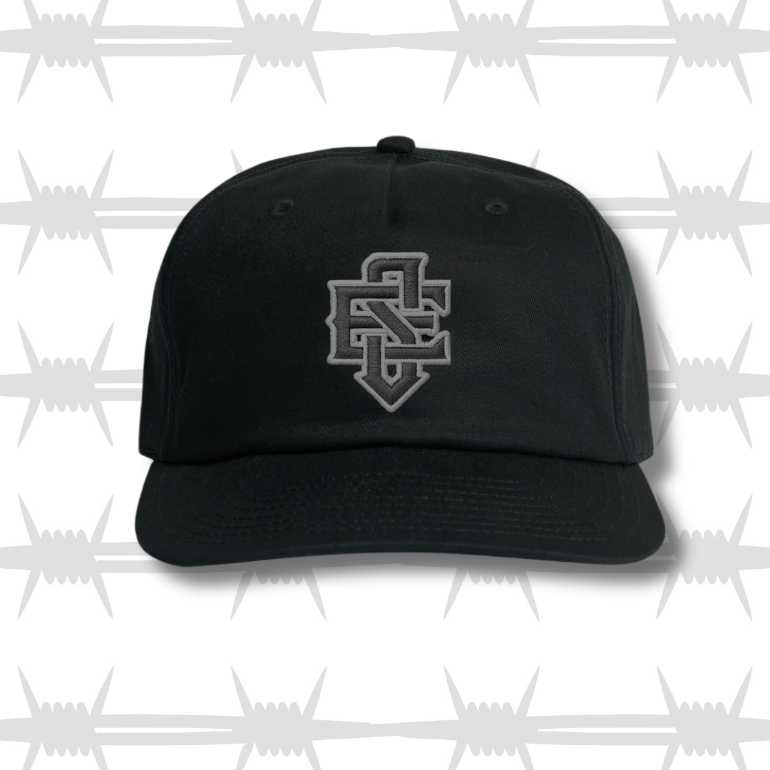 Black baseball cap with embroidered ES logo and reaper design in grey