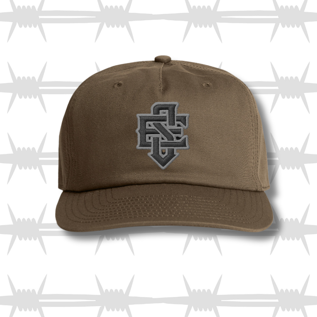Brown baseball cap with embroidered ES logo and reaper design in grey
