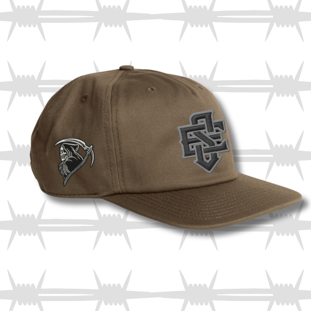 Brown baseball cap with embroidered ES logo and reaper design in grey