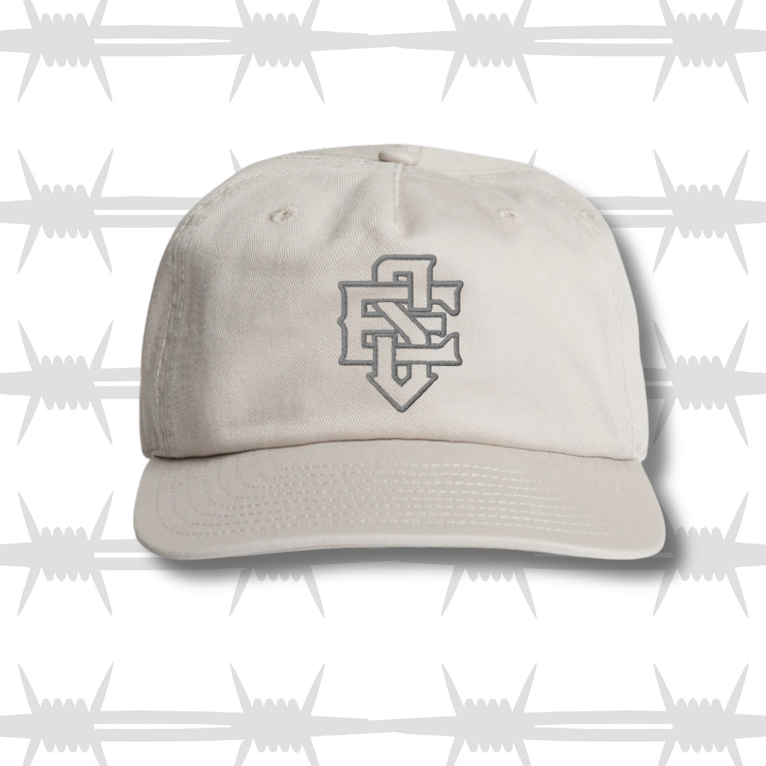 White baseball cap with embroidered ES logo and reaper design in grey