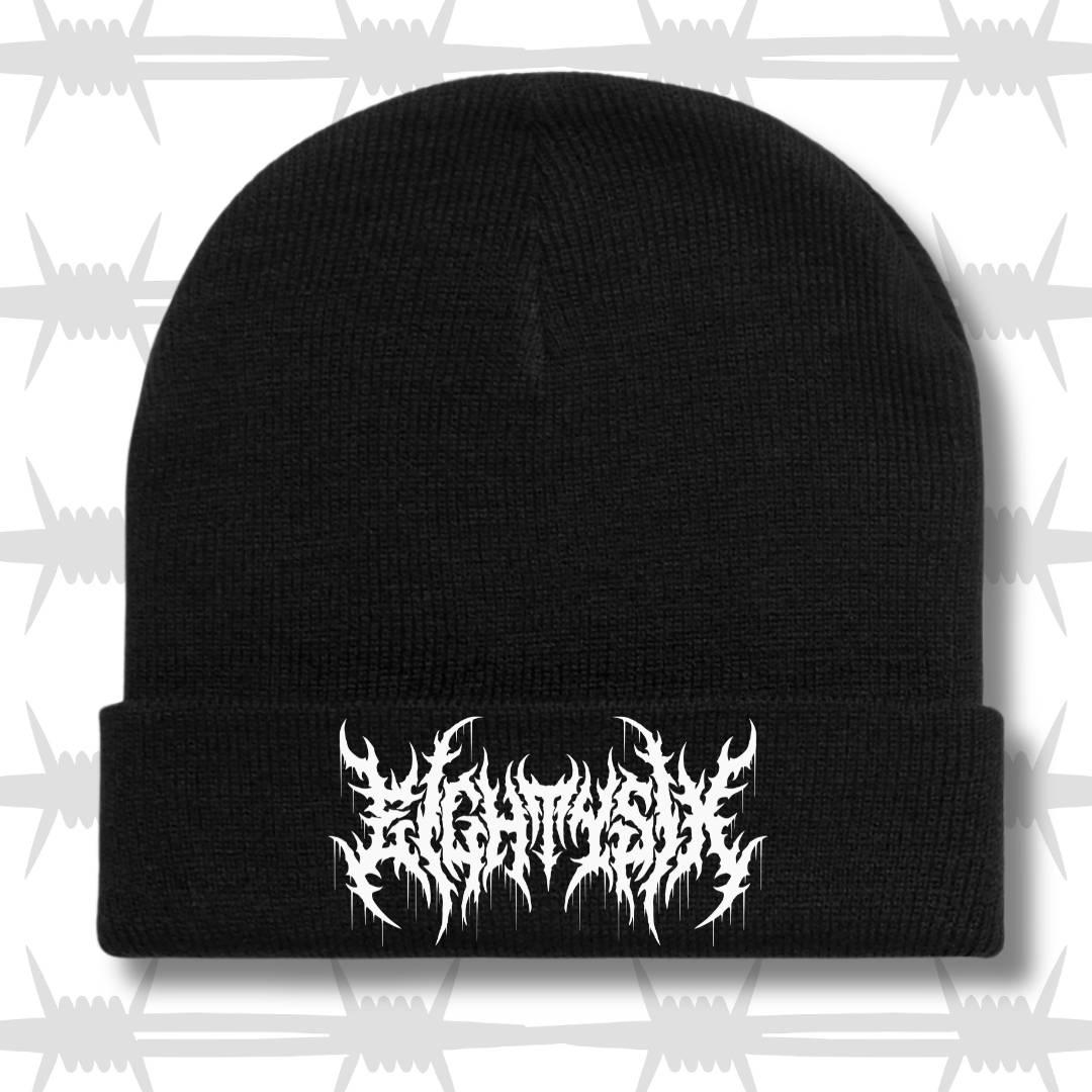 Eightysix Clothing Crypt beanie in black with metal script in white