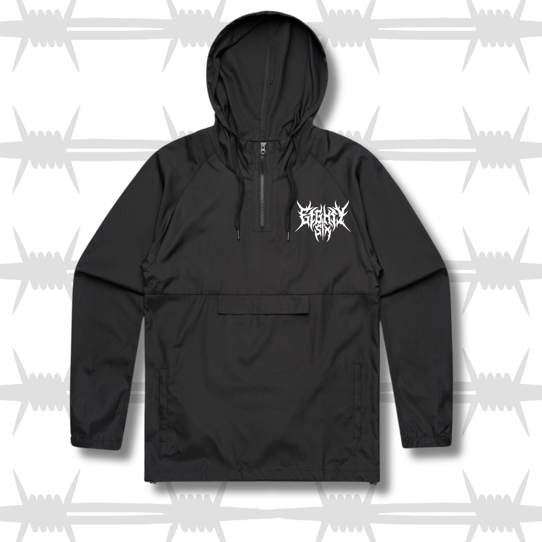 Crypt pull over jacket in black with white eightysix metal script logo