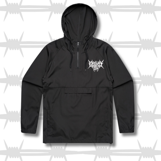 Crypt pull over jacket in black with white eightysix metal script logo