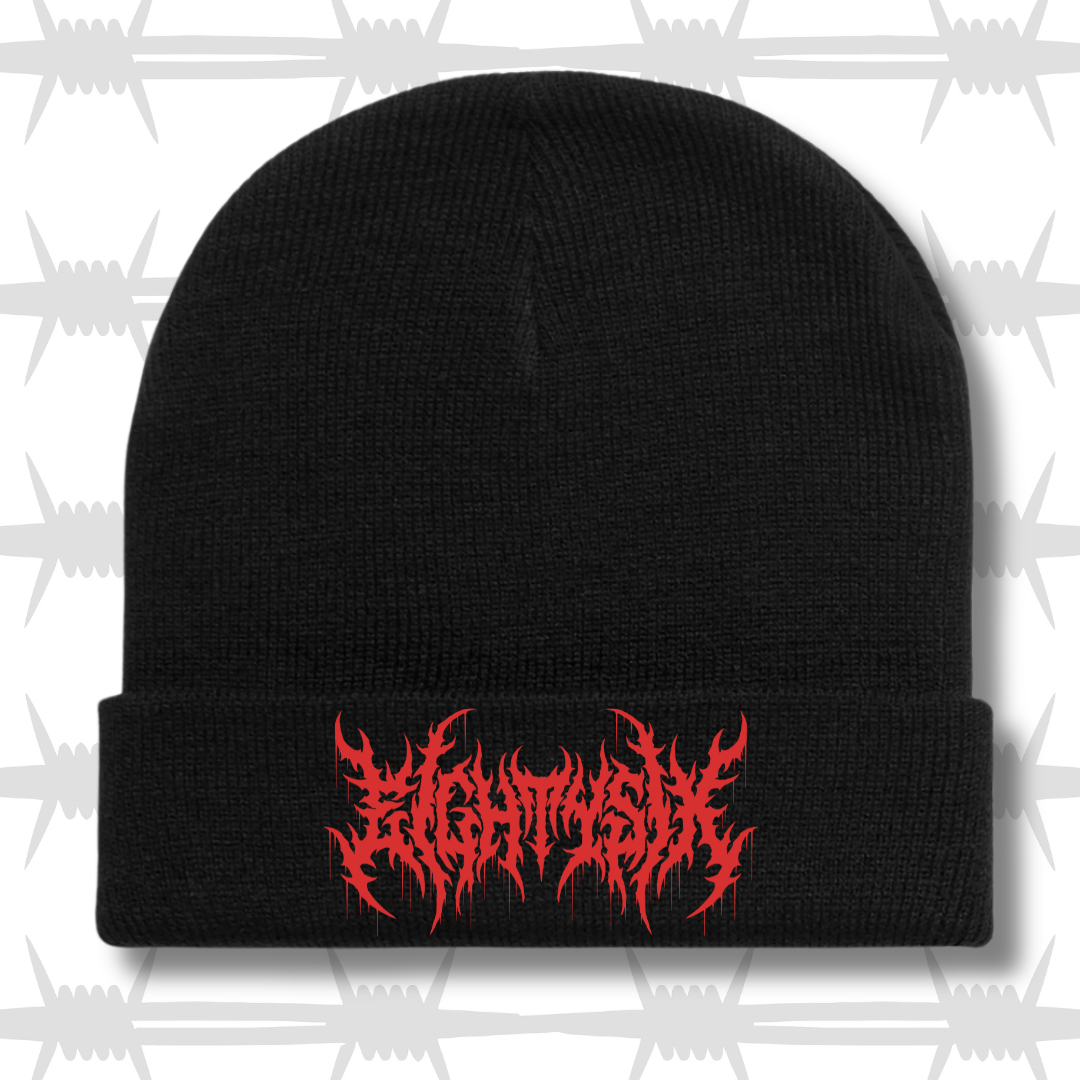 Eightysix streetwear crypt beanie in black with red metal script 
