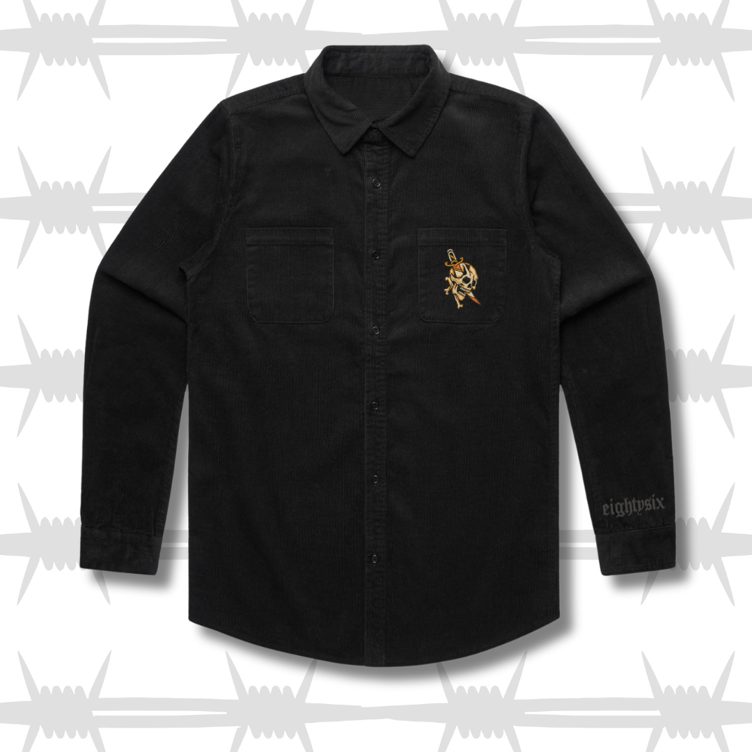 Black workwear shirt with a alternative tattoo style dagger and skull on the pocket