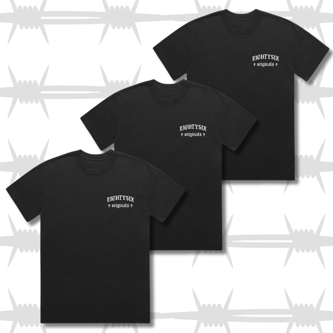 Eightysix Originals t-shirts in black with embroidered eightysix originals logo in white