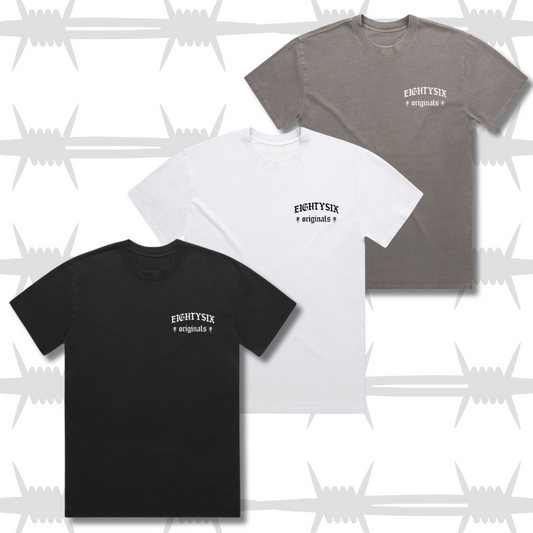 Eightysix Originals t-shirt 3 pack in black, white and charcoal, each with a black or white embroidered eightysix originals logo in black or white.