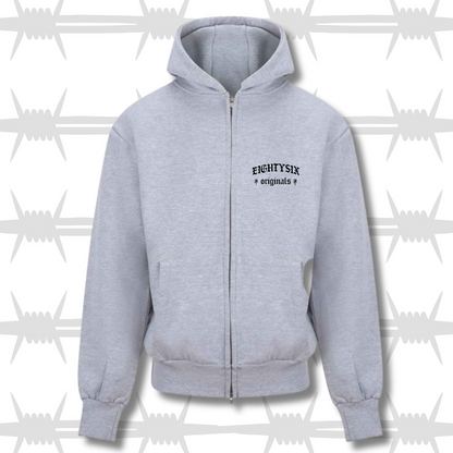 The originals zip hoodie in light grey with a black embroidered eightysix originals logo on the left breast