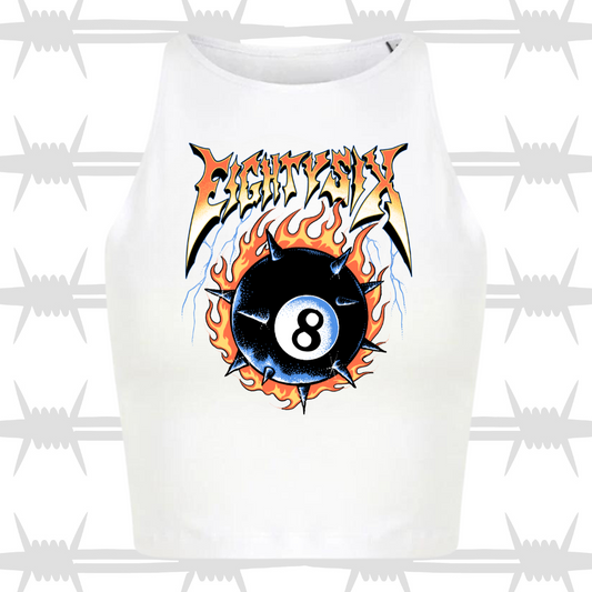Eightysix clothing 8 ball crop top in white featuring a tattoo inspired rock and roll 8 ball design
