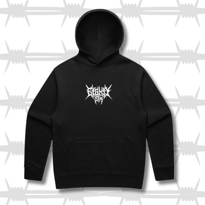 Castle hoodie front image with black hoodie and white death metal eightysix logo