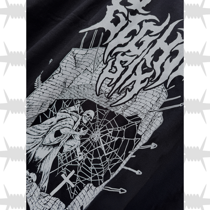 Castle hoodie artwork close up with death metal script and demonic artwork