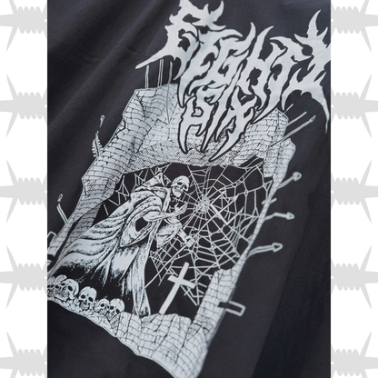 lose up of the eightysix castle hoodie artwork with white death metal script eightysix logo and demonic skeleton raiding a castle artwork