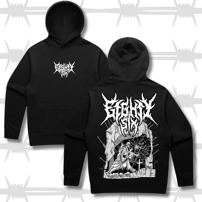 Front and back shot of the castle hoodie featuring the death metal eightsix logo and dark artwork