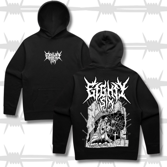 Front and back shot of the castle hoodie featuring the death metal eightsix logo and dark artwork