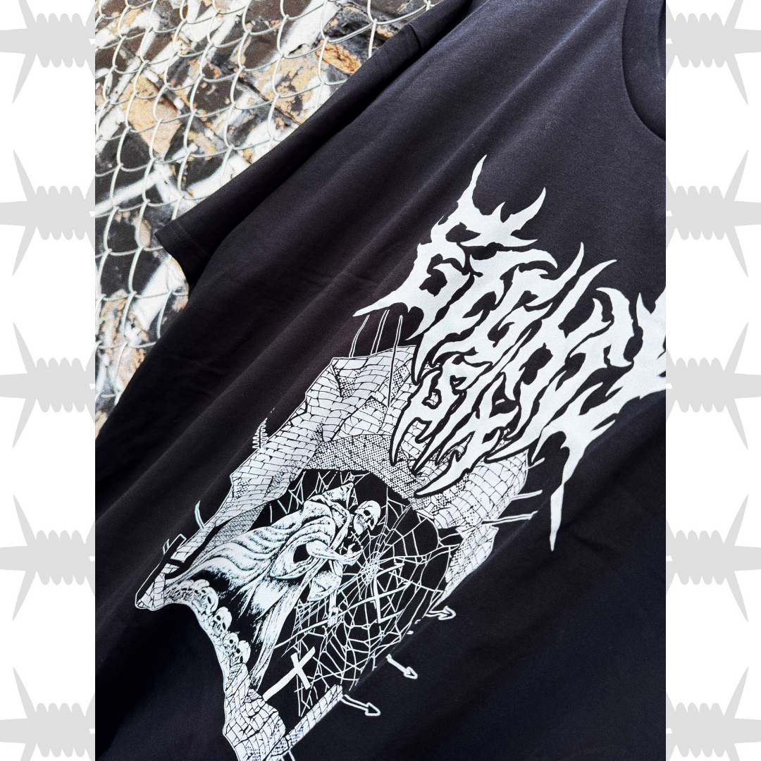 Eightysix castle tee close up of death metal eightysix script in white and demonic necromancer raiding a castle artwork