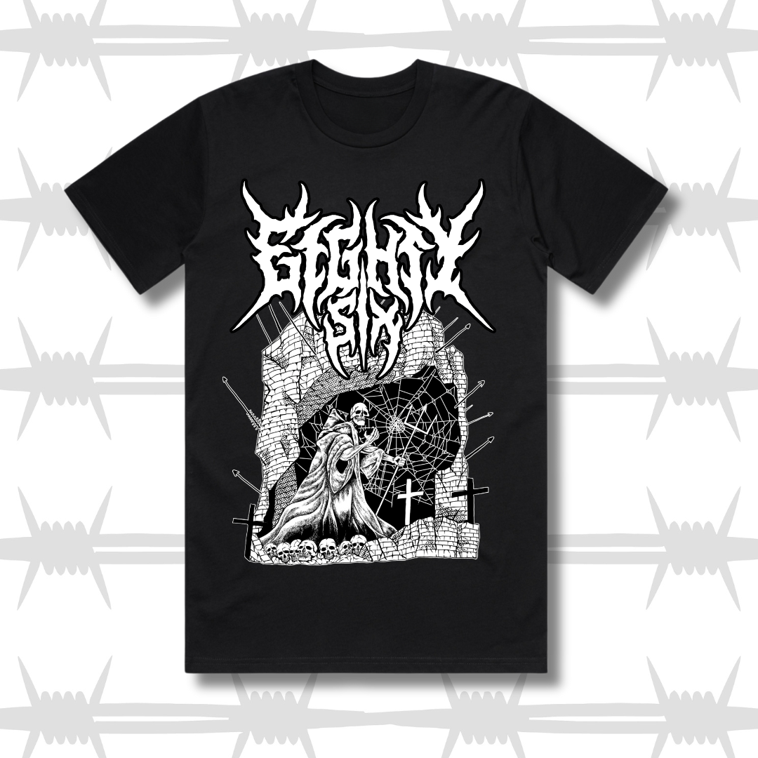 Eightysix clothing castle t-shirt a graphic tee featuring the death metal eightysix logo and demonic artwork