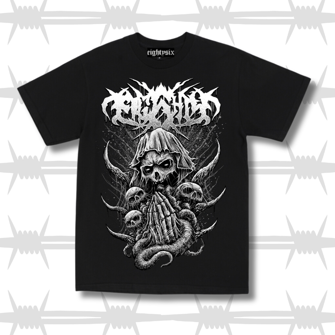Eightysix clothing metal demon graphic tee, this black t-shirt features the death metal eightysix logo in white with demonic imagery