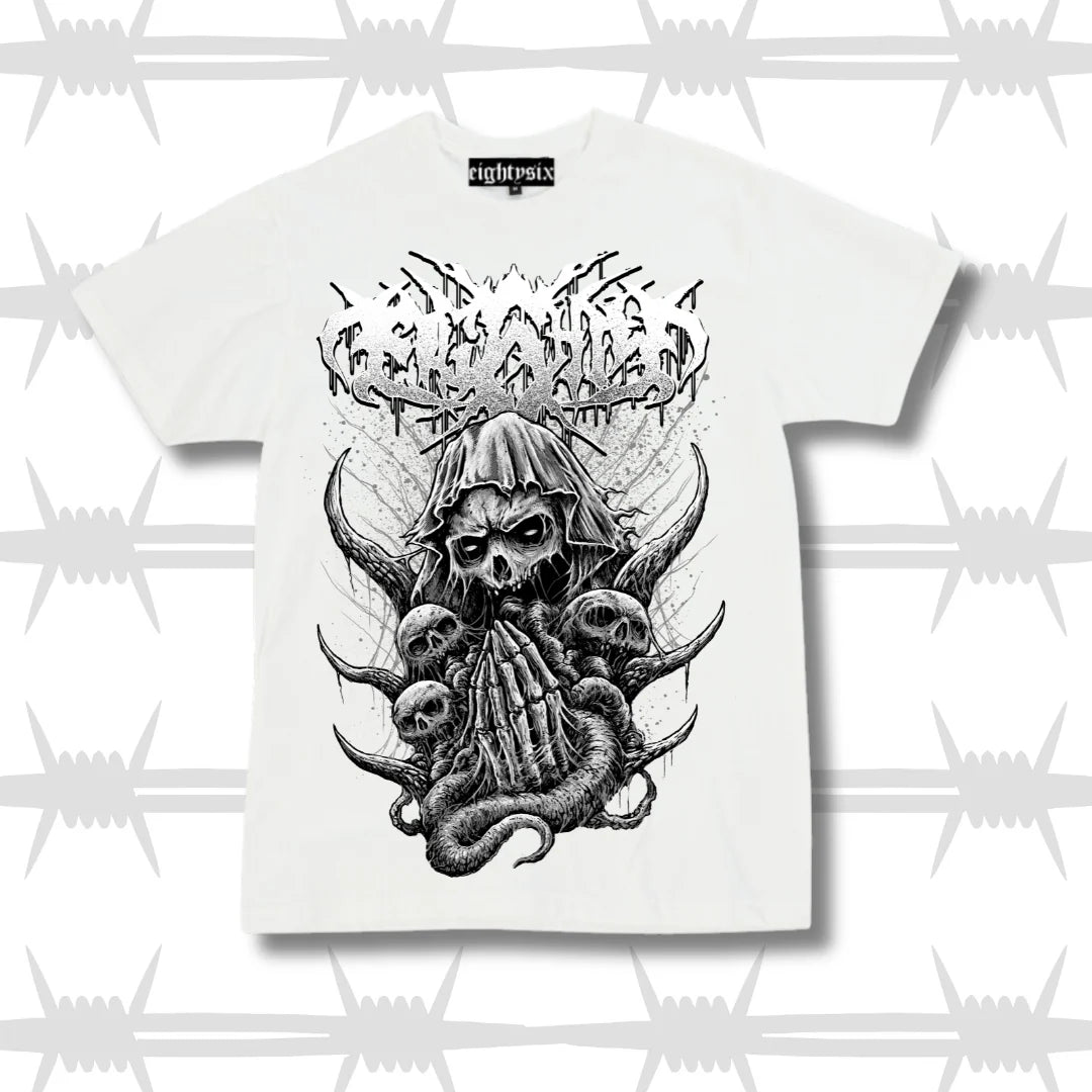 Eightysix clothing metal demon graphic tee in white with black eightysix death metal logo and demonic imagery 