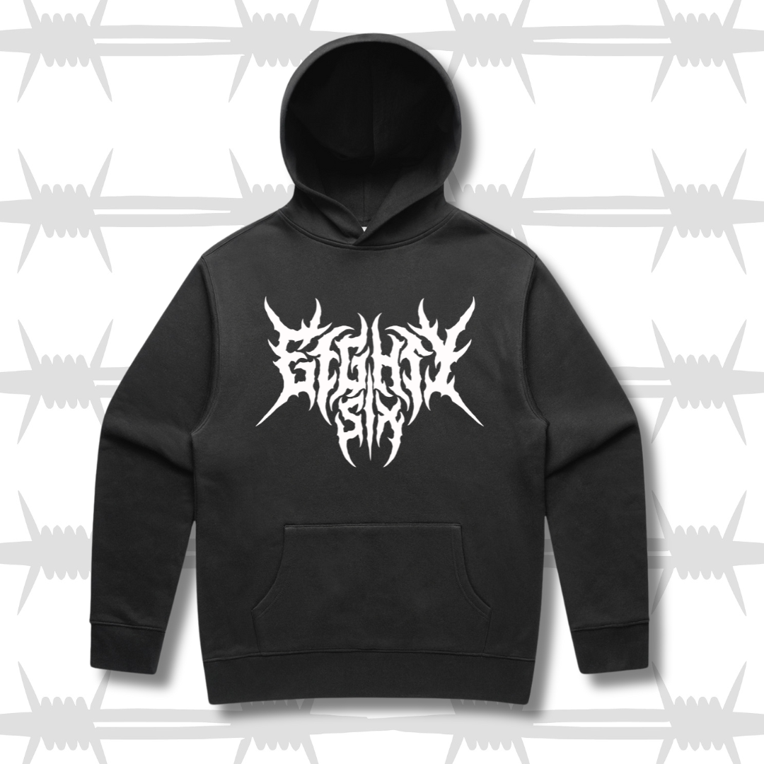 Eightysix clothing crypt hoodie in black with white metal logo