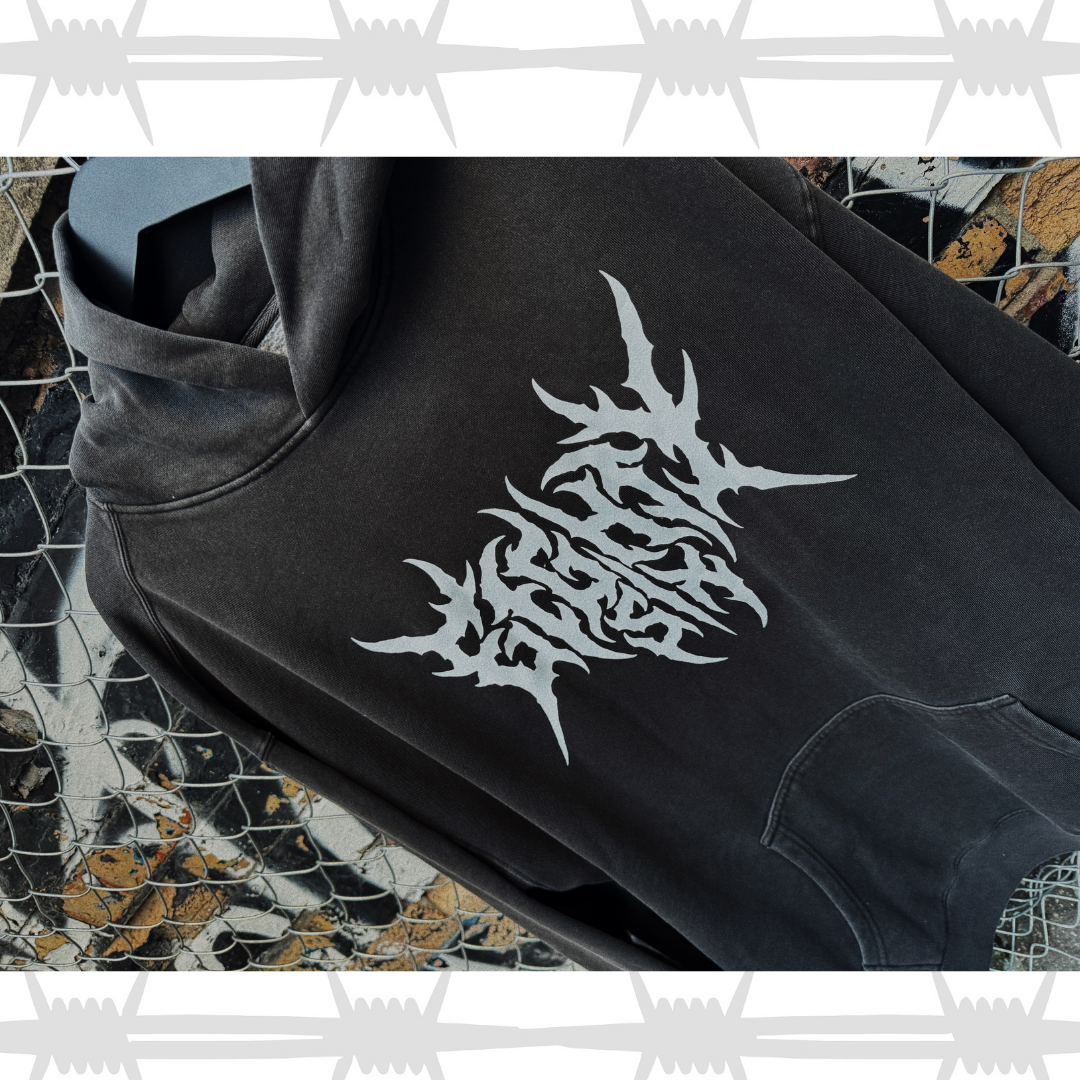 Black crypt hoodie with white eightysix metal style logo tattoo streetwear