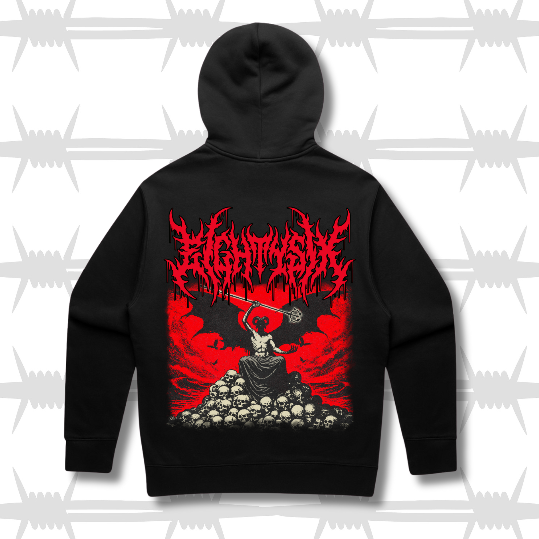 Eightysix Crypt hoodie in black with red demonic artwork, alternative lifestyle graphic hoodie