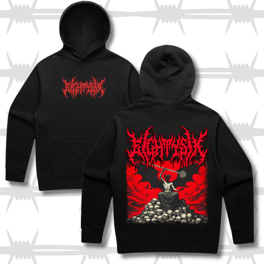 Eightysix clothing hell hoodies front and back shot featuring dark metal imagery of a demon sitting on top of a pile of skulls and red metal script eightysix logo