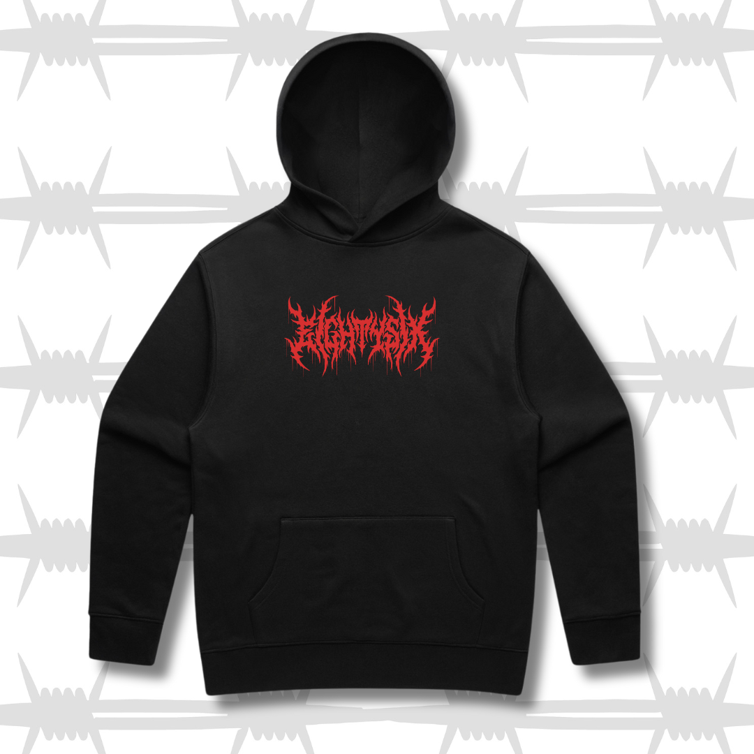 Crypt hoodie front shot with graphic hoodie in black and red death metal script eightysix logo