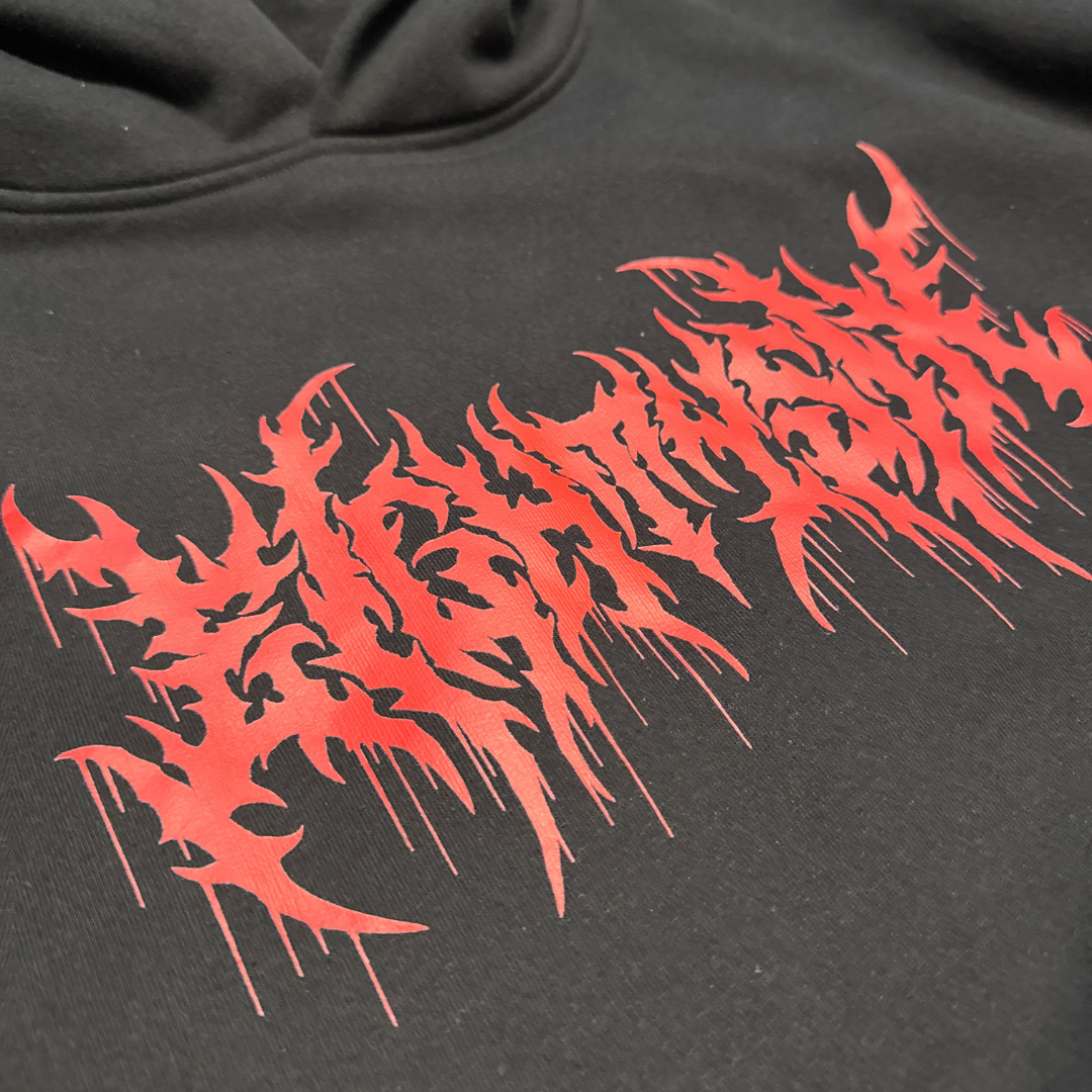 Eightysix metal script close up on the crypt graphic hoodie