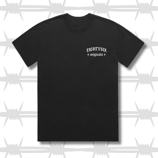the eightysix originals t-shirt in faded black with a white embroidered eightysix originals logo