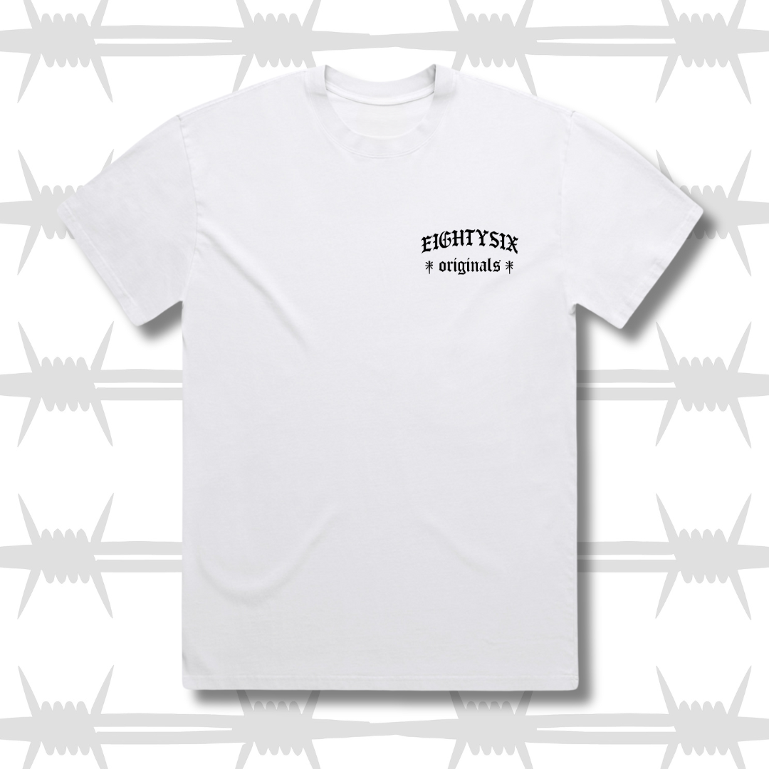 eightysix originals t-shirt in white with black embroidered eightysix originals logo