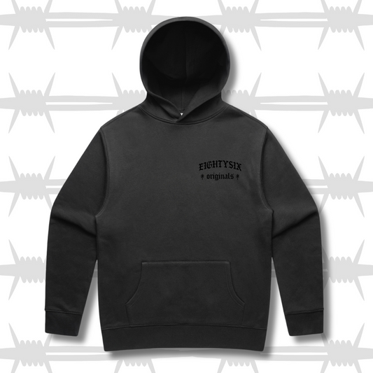 The eightysix originals limited edition black on black hoodie, featuring a black hoodie with an embroidered black eightysix originals logo.