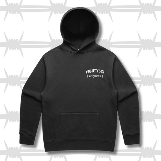 The eightysix originals hoodie in faded black witha white embroidered eightysix originals logo on the left breast