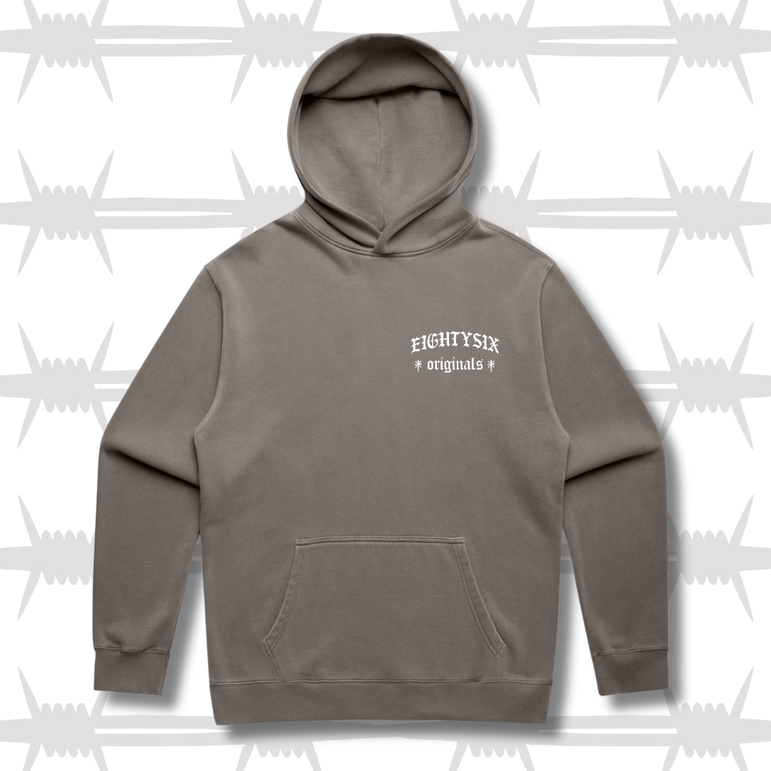 The eightysix originals hoodie in faded grey with an embroidered eightysix originals in white