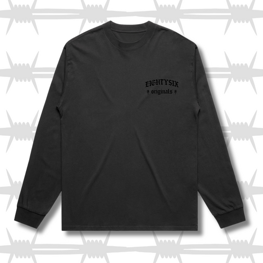 The eightysix originals limited edition black on black long sleeve t shirt, with a faded black long sleeve and a black embroidered eightysix originals logo on the left breast