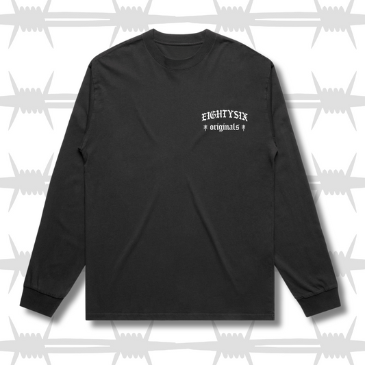 the eightysix originals faded black long sleeve t shirt, with an embroidered eightysix logo on the left breast