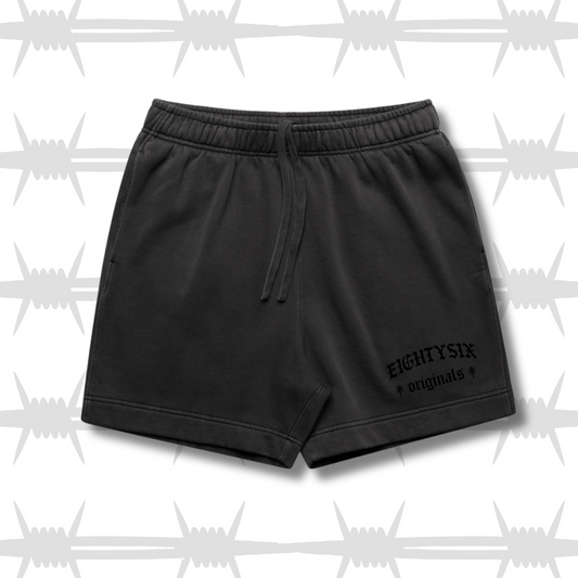 The eightysix originals black shorts with black embroidered eightysix originals logo, limited edition products