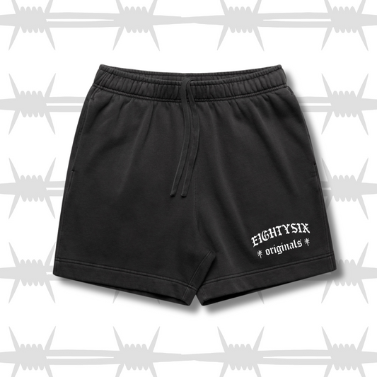 The eightysix originals shorts in faded black with a white embroidered eightysix originals logo