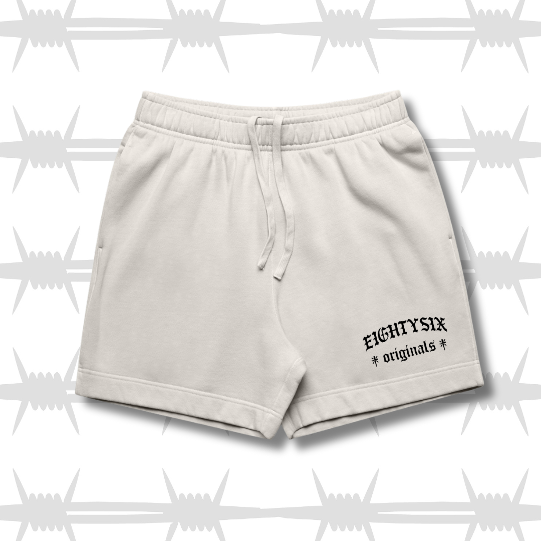 The eightysix originals shorts in faded bone with a black embroidered eightysix originals logo