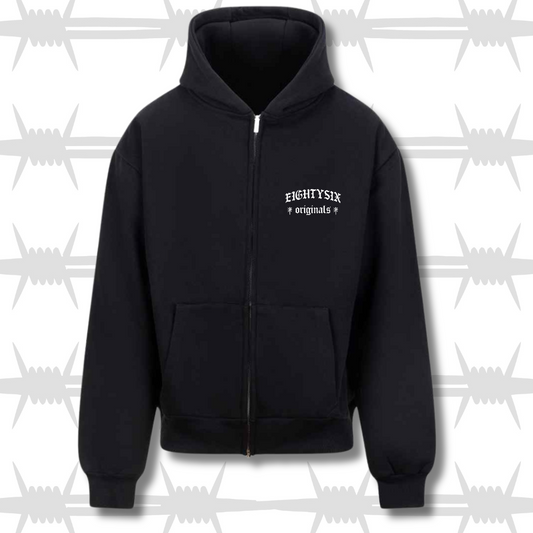 The originals zip hoodie in black with a white embroidered Eightysix Originals logo on the left breast