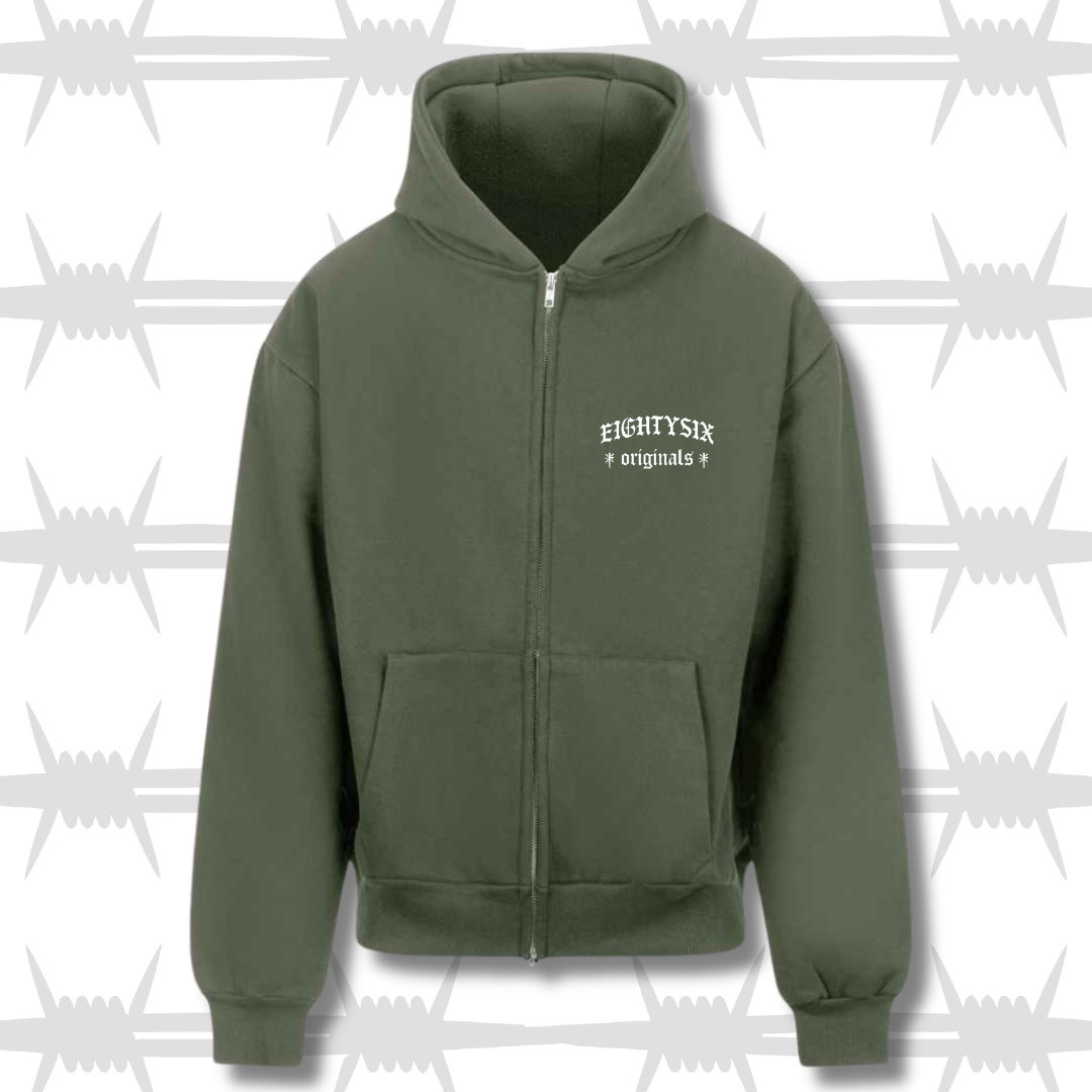 The originals zip hoodie in green with a white embroidered eightysix originals logo on the left breast