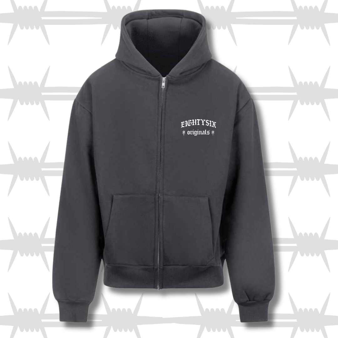 The originals zip hoodie in grey with a white embroidered eightysix originals logo on the left breast