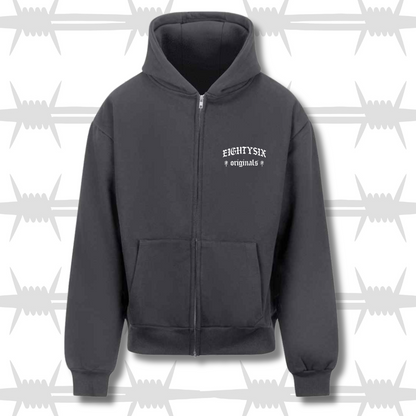 The originals zip hoodie in grey with a white embroidered eightysix originals logo on the left breast