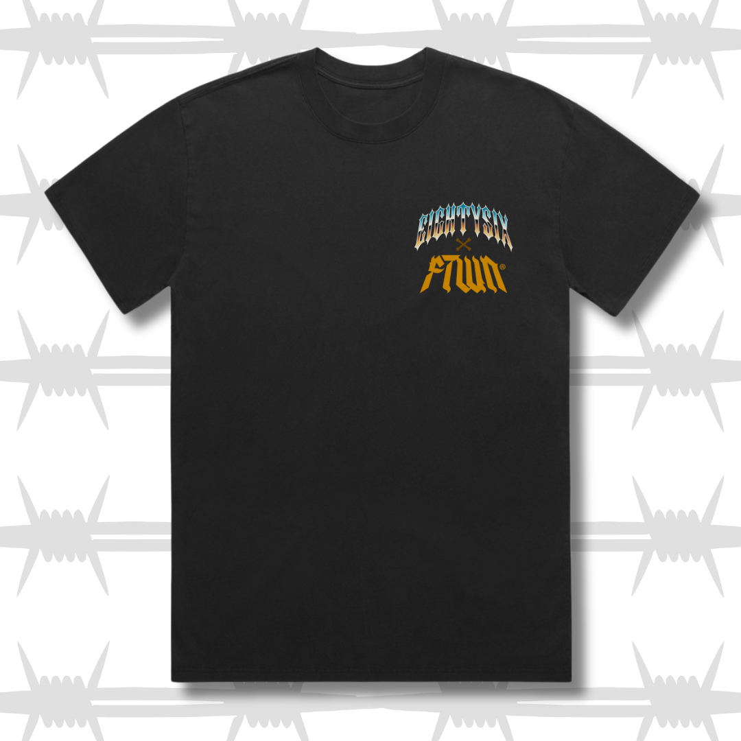 Eightysix x Flinttown t-shirt front shot showing eightysix logo in a chrome tattoo style with an orange Ftown logo below