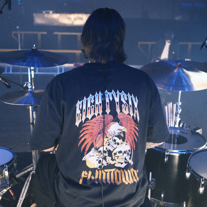Eightysix x Flittown t-shirt shown from the back, worn by the drummer from You Me At Six while playing a gig