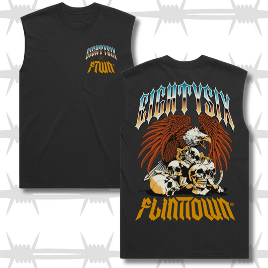 eightysix x flinttown cross over tank top, front displplaying eightysix logo in chrome effect and ftown logo in orange, back shows the same logos enlarge with an eagle stalking skulls in a tattoo style